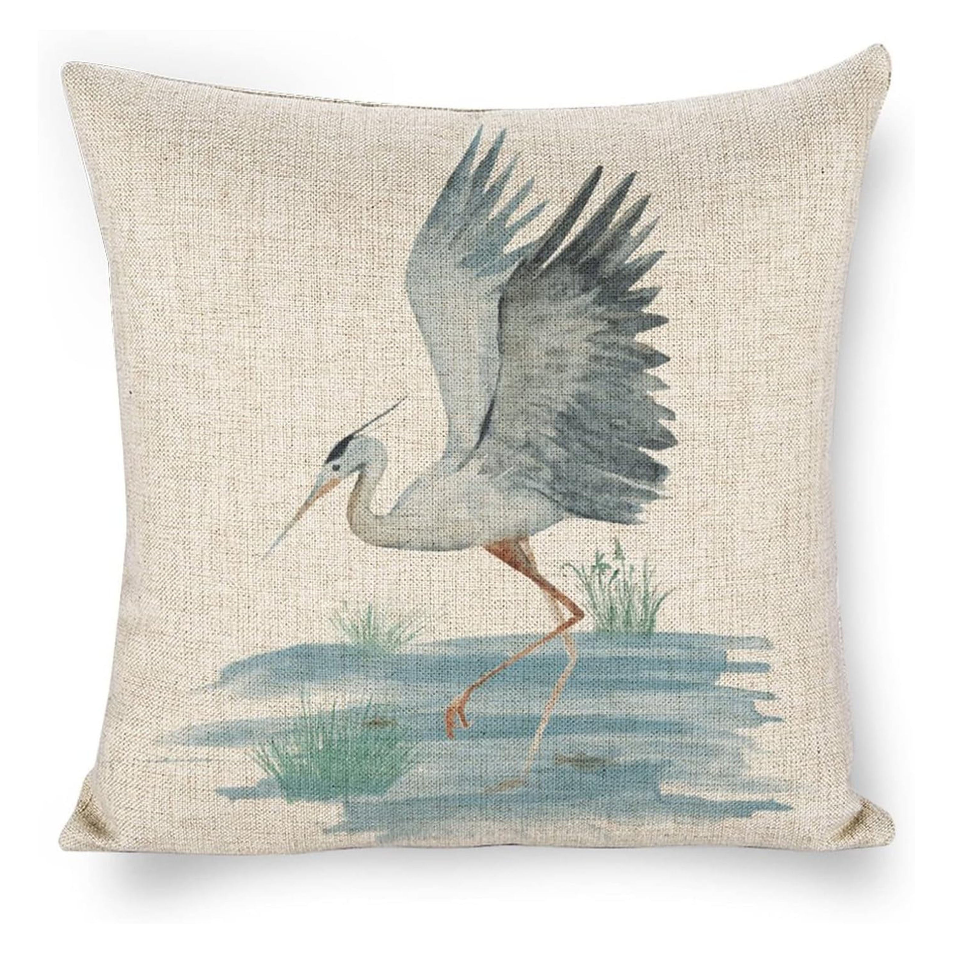 Heron Bird Linen Pillowcase Beige Blue Gray Zipper Machine Washable 1pc