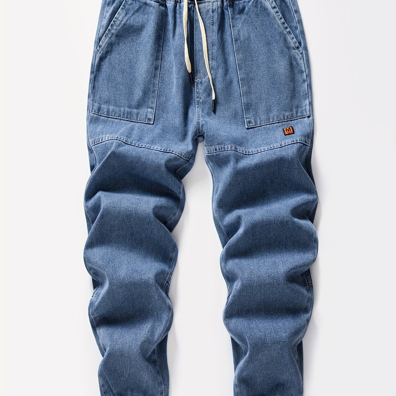 Мужские джинсовые джоггеры укороченные синий свободный крой с шнурком на поясе уличный повседневный стиль