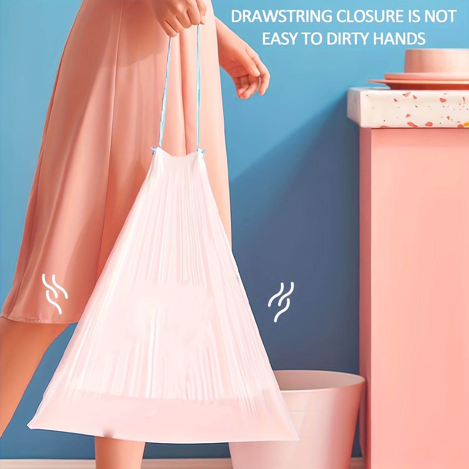 Bolsa de basura gruesa a prueba de fugas con asa de cuerda de atar para limpieza en el hogar y la oficina