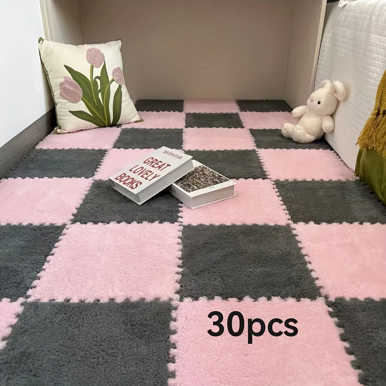 Set of 30 Braided Flannel Area Rugs Square Mats Low Pile Floor Tiles for Bedroom Living Room