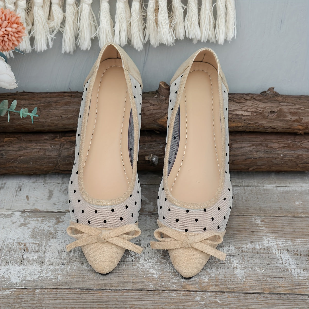 Women's Black Pointed Toe Slip-On Loafers with Bow and Polka Dot Net Fabric