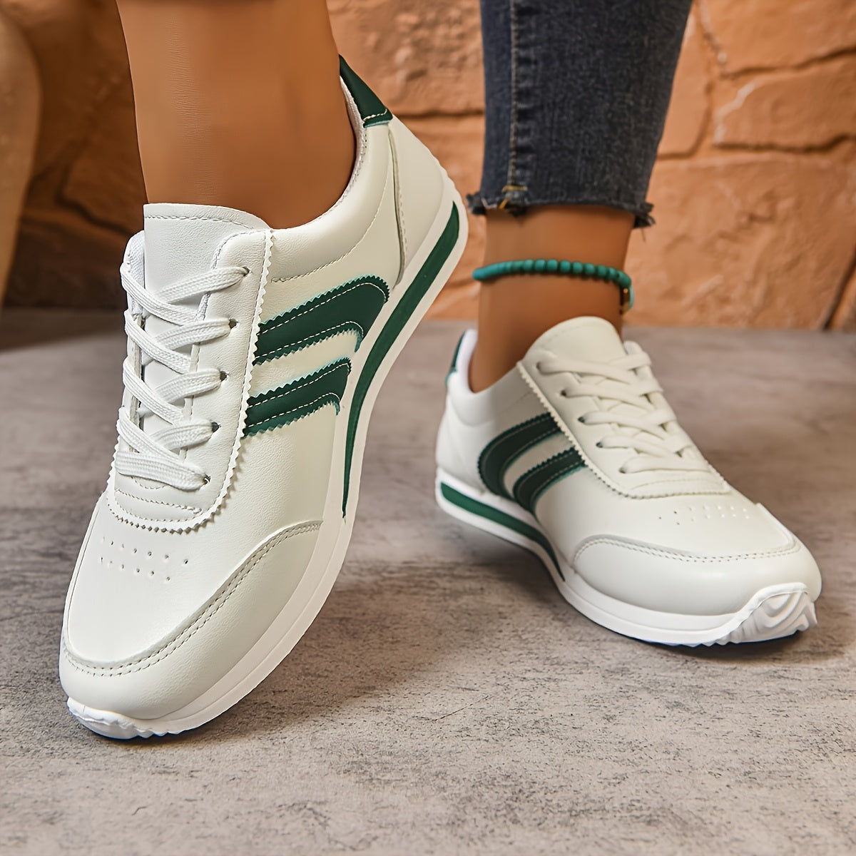 Women's White Synthetic Low-Top Lace-Up Sneakers with Green Navy Stripes