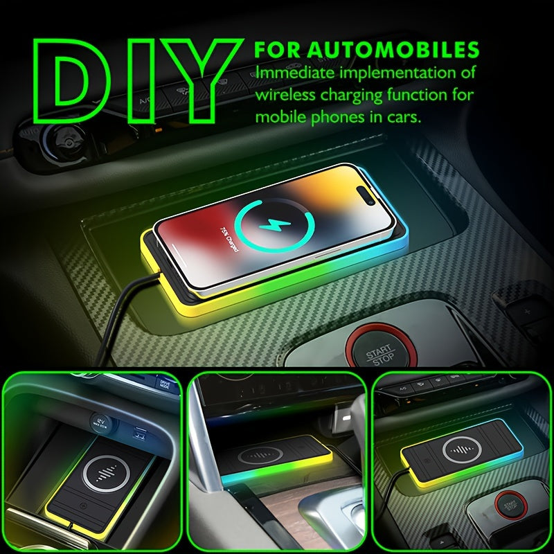 RGB Colorful Wireless Car Charger with 15W Fast Charging and Anti-Slip Board