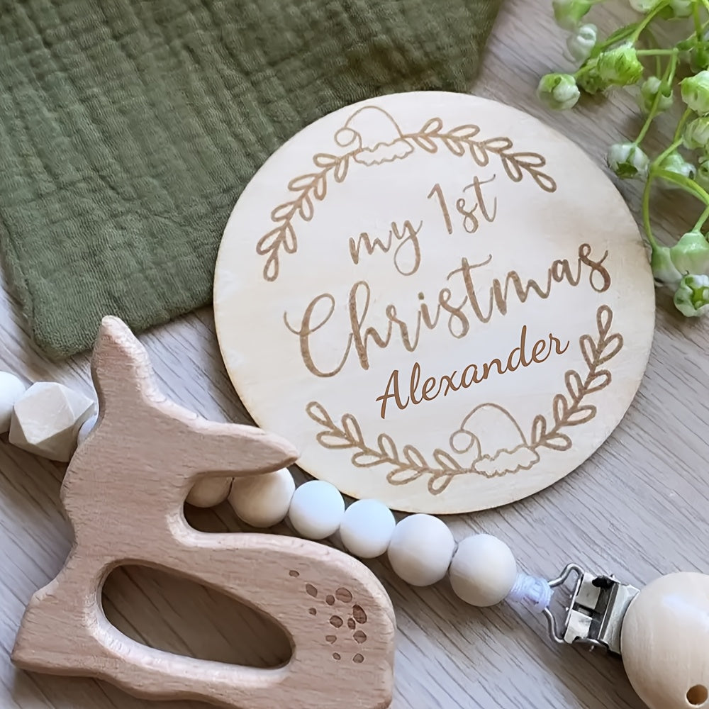 Personalized Wooden Milestone Sign for Baby's First Christmas Round Holiday Keepsake