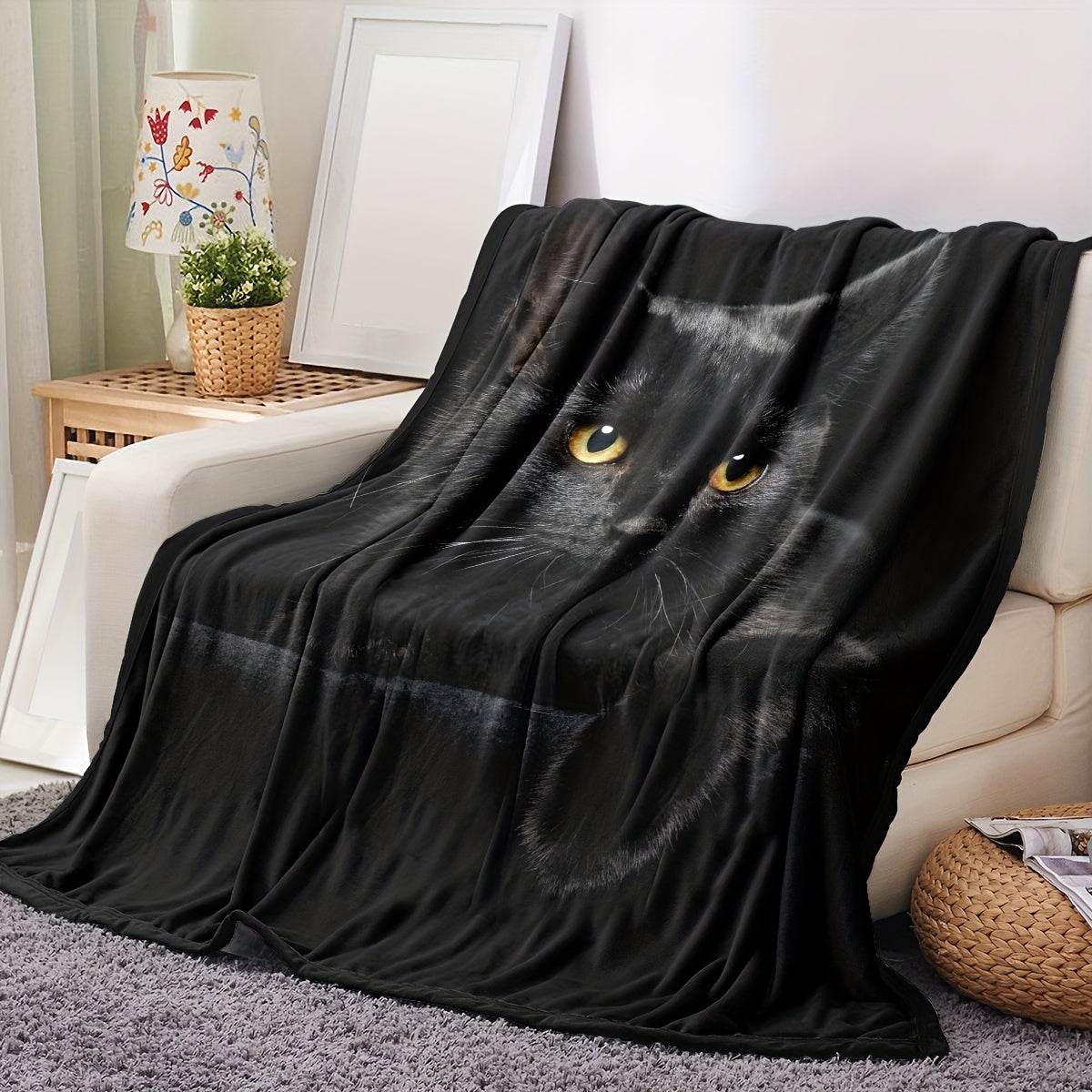 Black Cat Print Flannel Blanket for Adults Lightweight Soft Throw for Bed Couch Travel