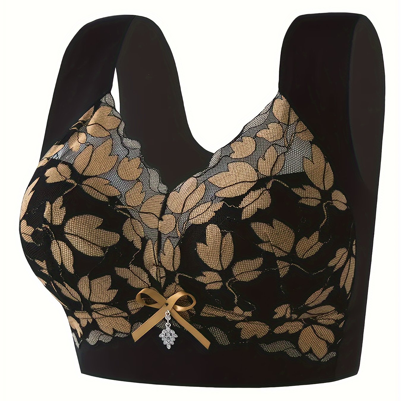 Lingerie Leaf Lace Bra with Bow Accents Wireless Push-Up Wide Strap