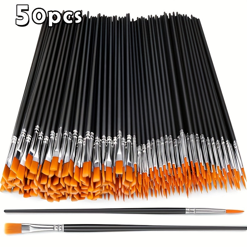 50 Nylon Hair Paintbrush Set Flat and Round Pointed Brushes for Oil Watercolor Facial Art