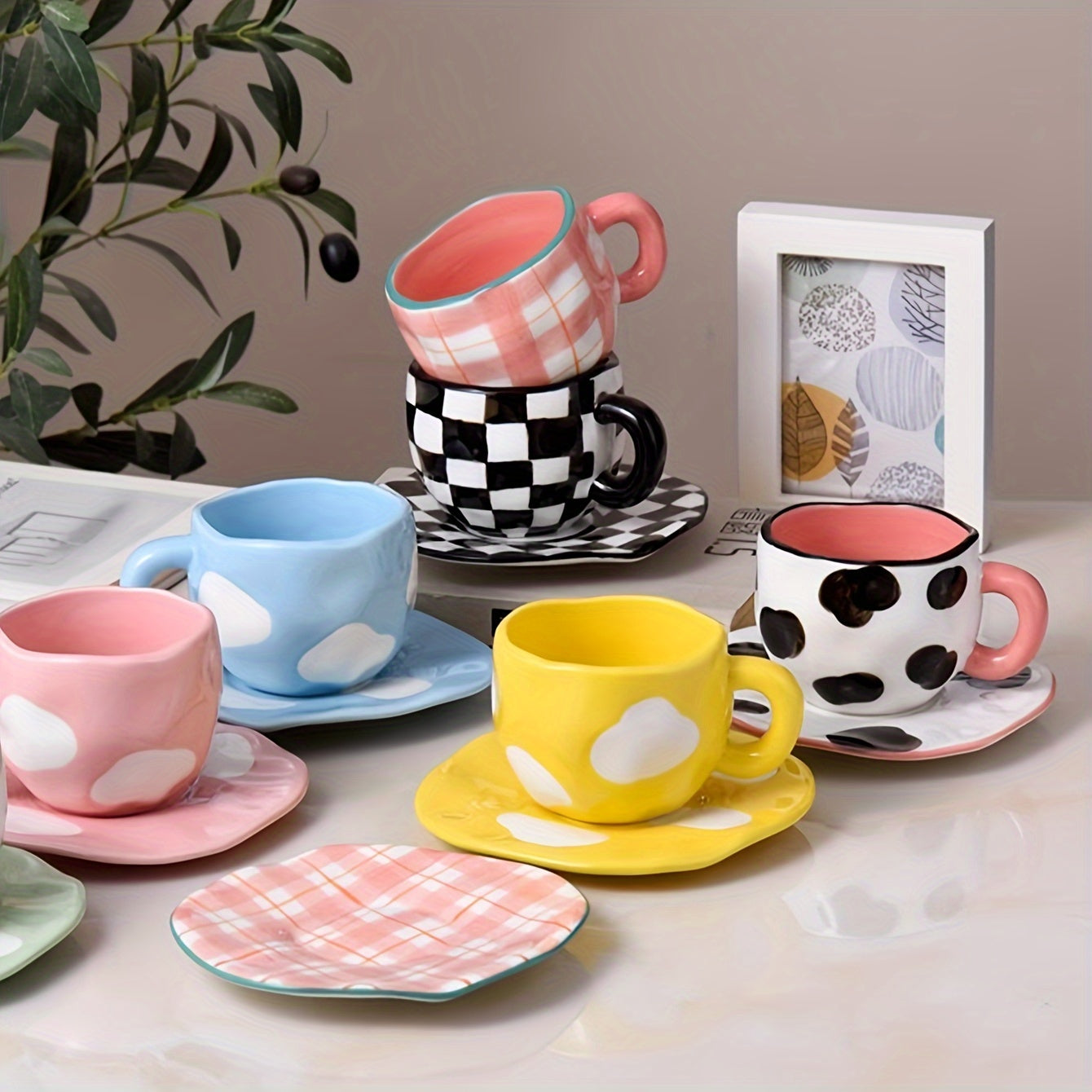 Handcrafted Ceramic Coffee Mug and Saucer Set with Whimsical Patterns Reusable and Recyclable