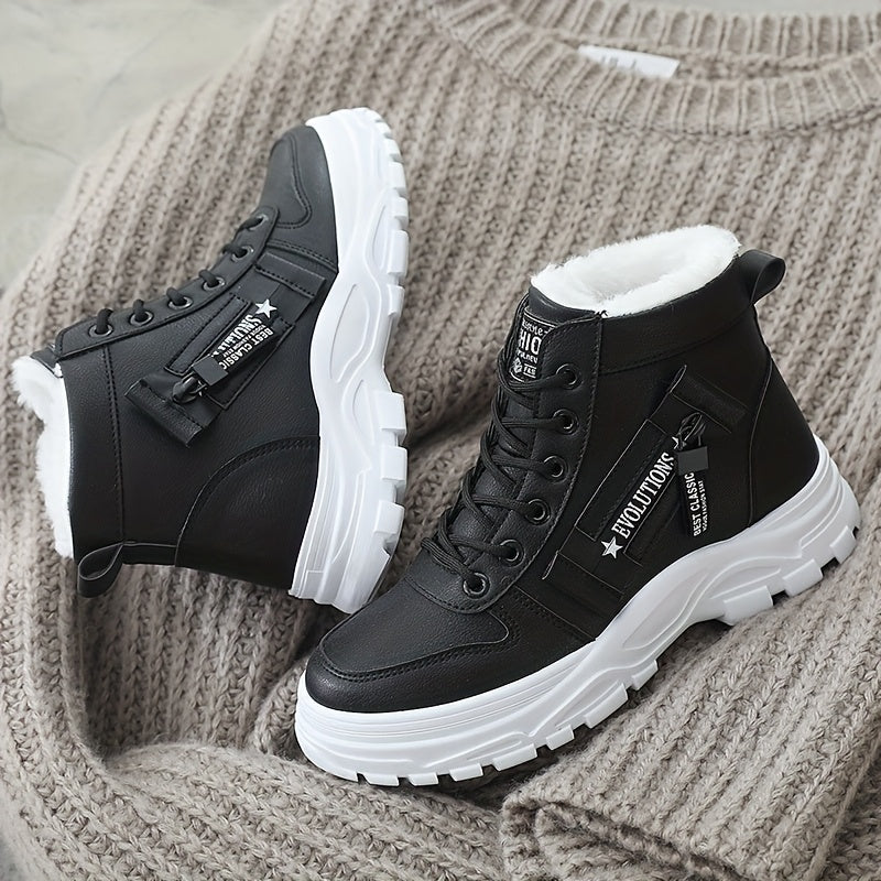 Women's Fleece-Lined Ankle Boots Black White Winter Outdoor Shoes