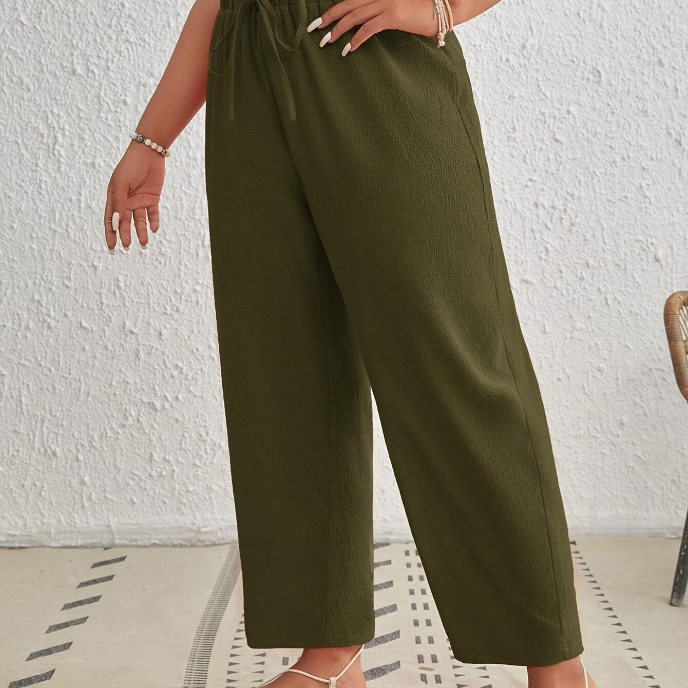 Plus Size Solid Color Paperbag Waist Pants Casual Tie Front Summer Womens