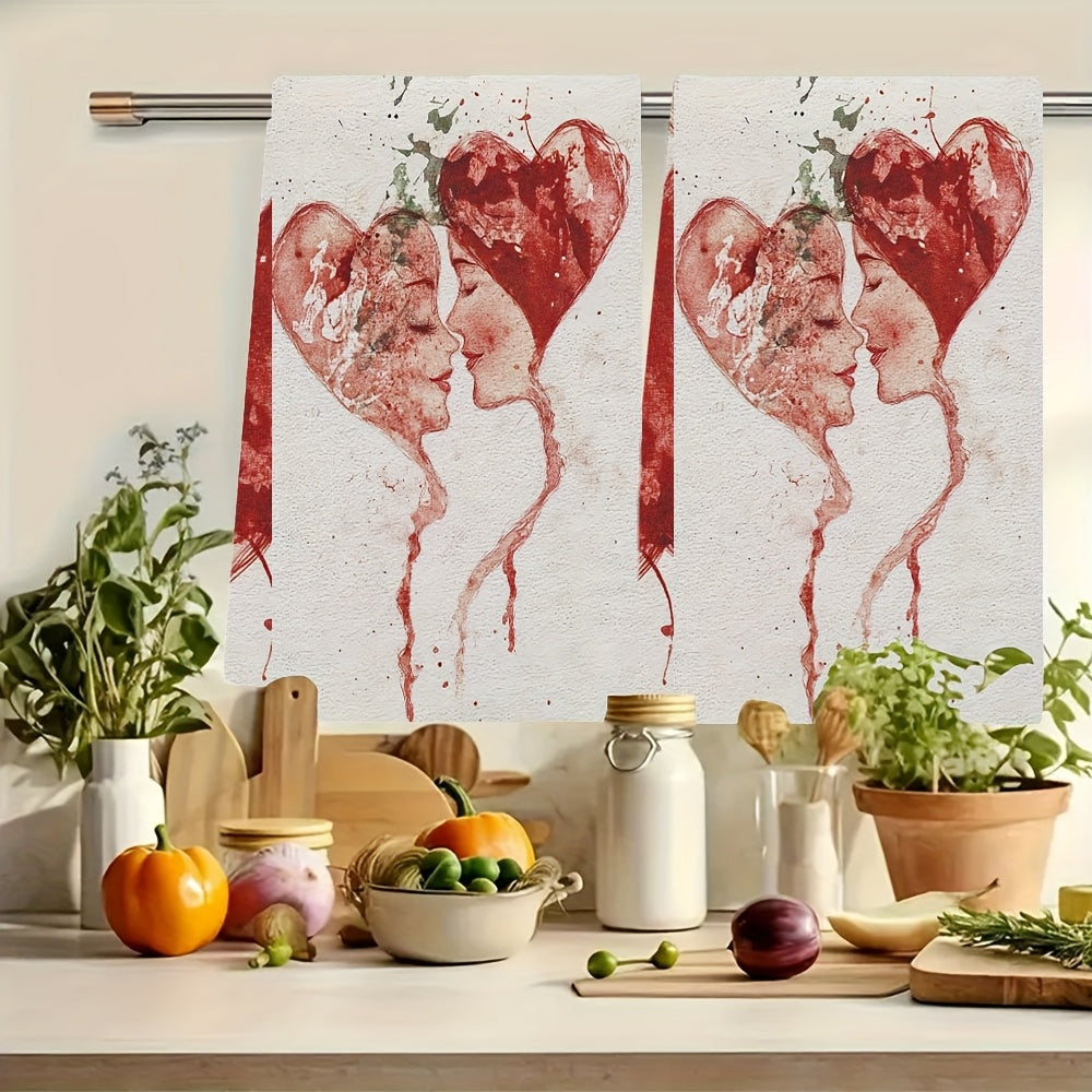 Valentine's Day Kitchen Towels Set 2 Pieces Absorbent Red White Splatter Art