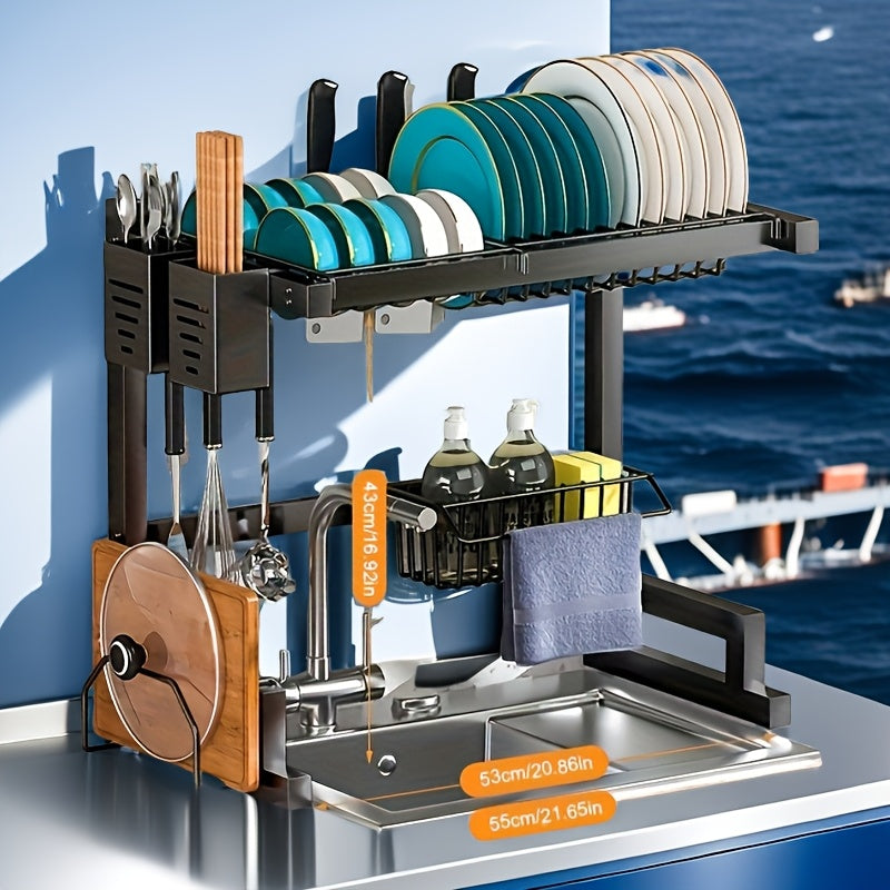 Iron over-the-sink dish drying rack with cutting board multi-layer storage space-saving design