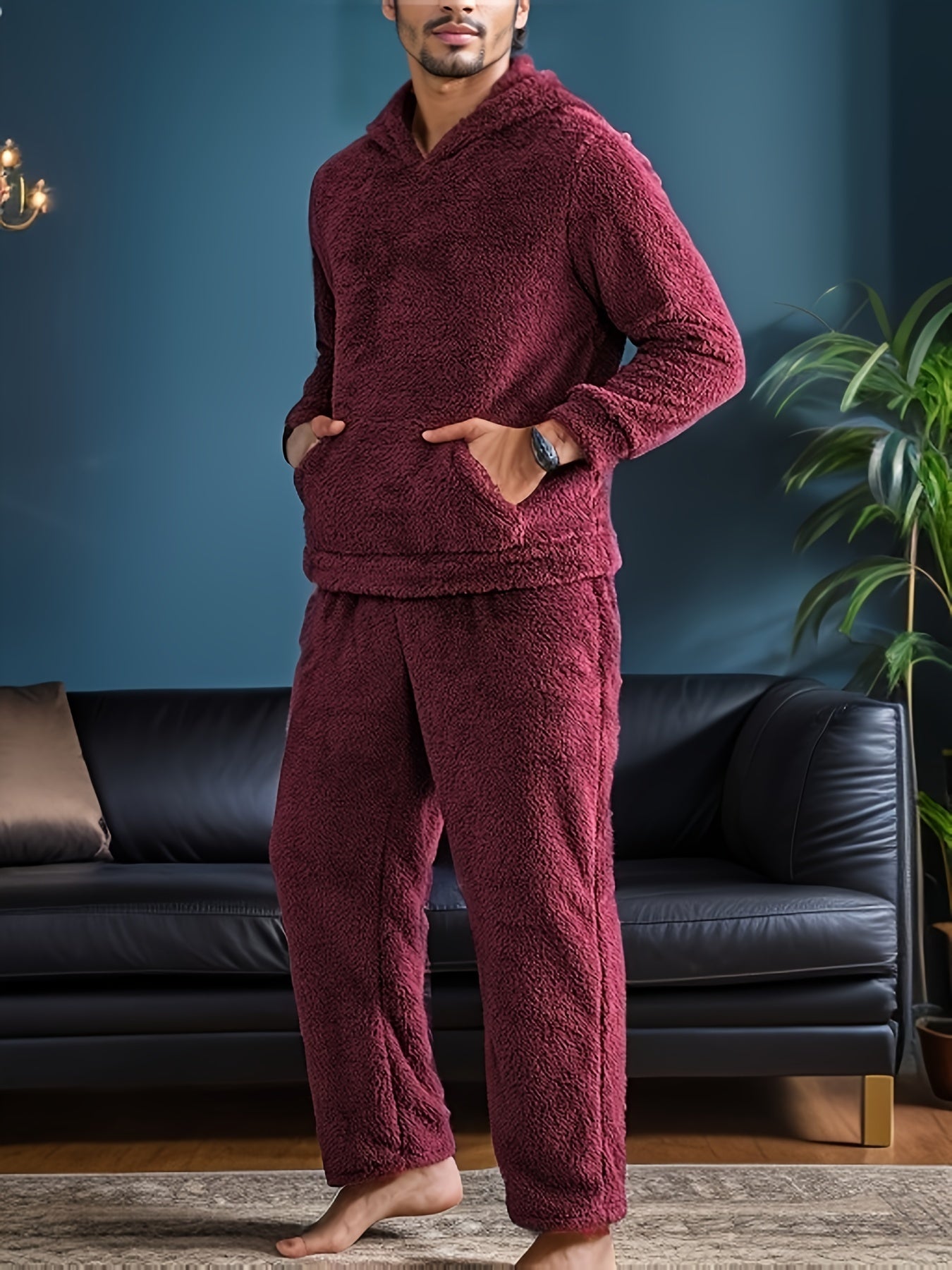 Men's Plush Fleece Hooded Pajama Set with Pockets for Winter Sleepwear