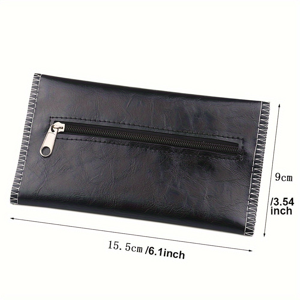 Leather Tobacco Pouch 3-Fold Cigarette Case with Zipper Portable Accessory