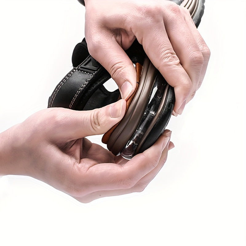 Sandalias de playa de cuero para hombre con punta abierta y suela deportiva gruesa, correas ajustables