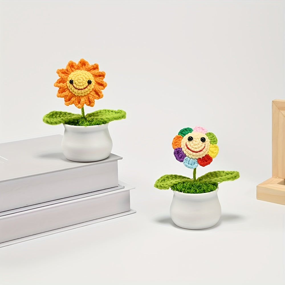Crochet Sunflower Bonsai Decor with Smiling Face for Home Office Gift