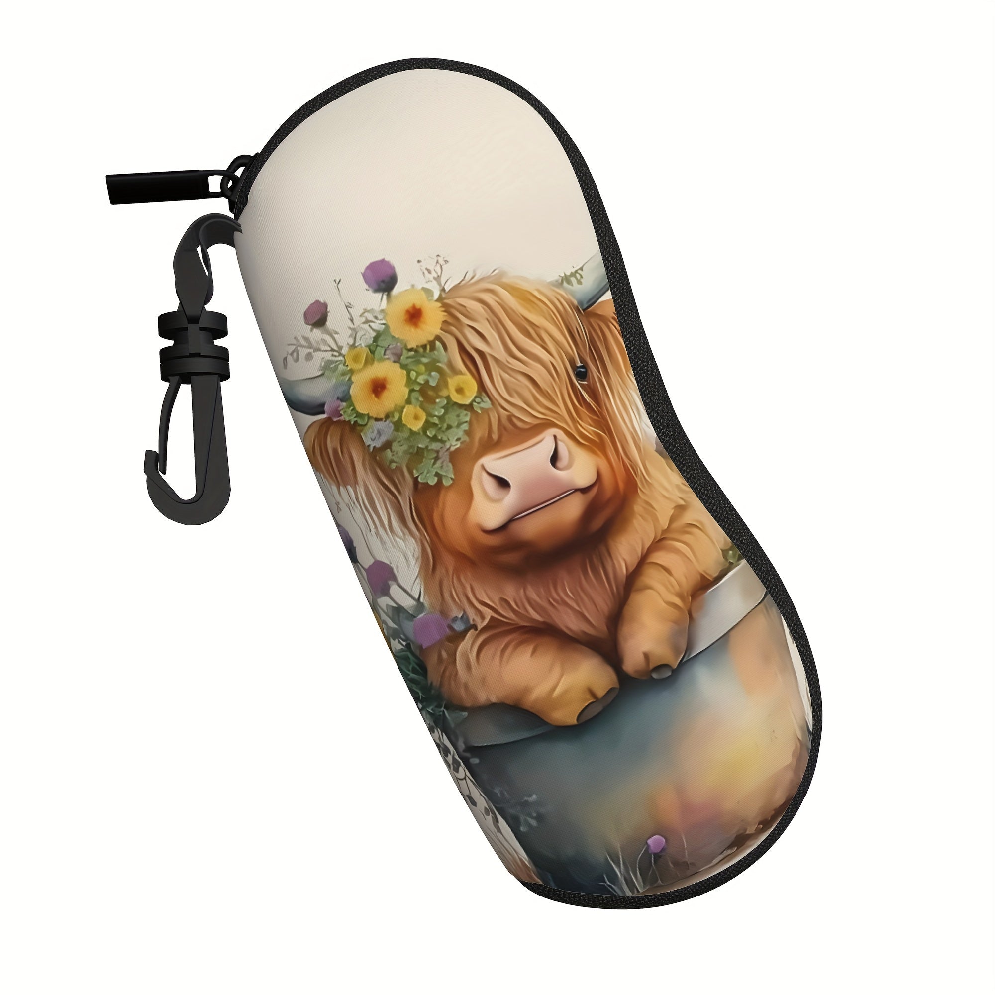 Highland Cow Print Glasses Case Neoprene Eyewear Pouch with Zipper and Belt Clip for Women