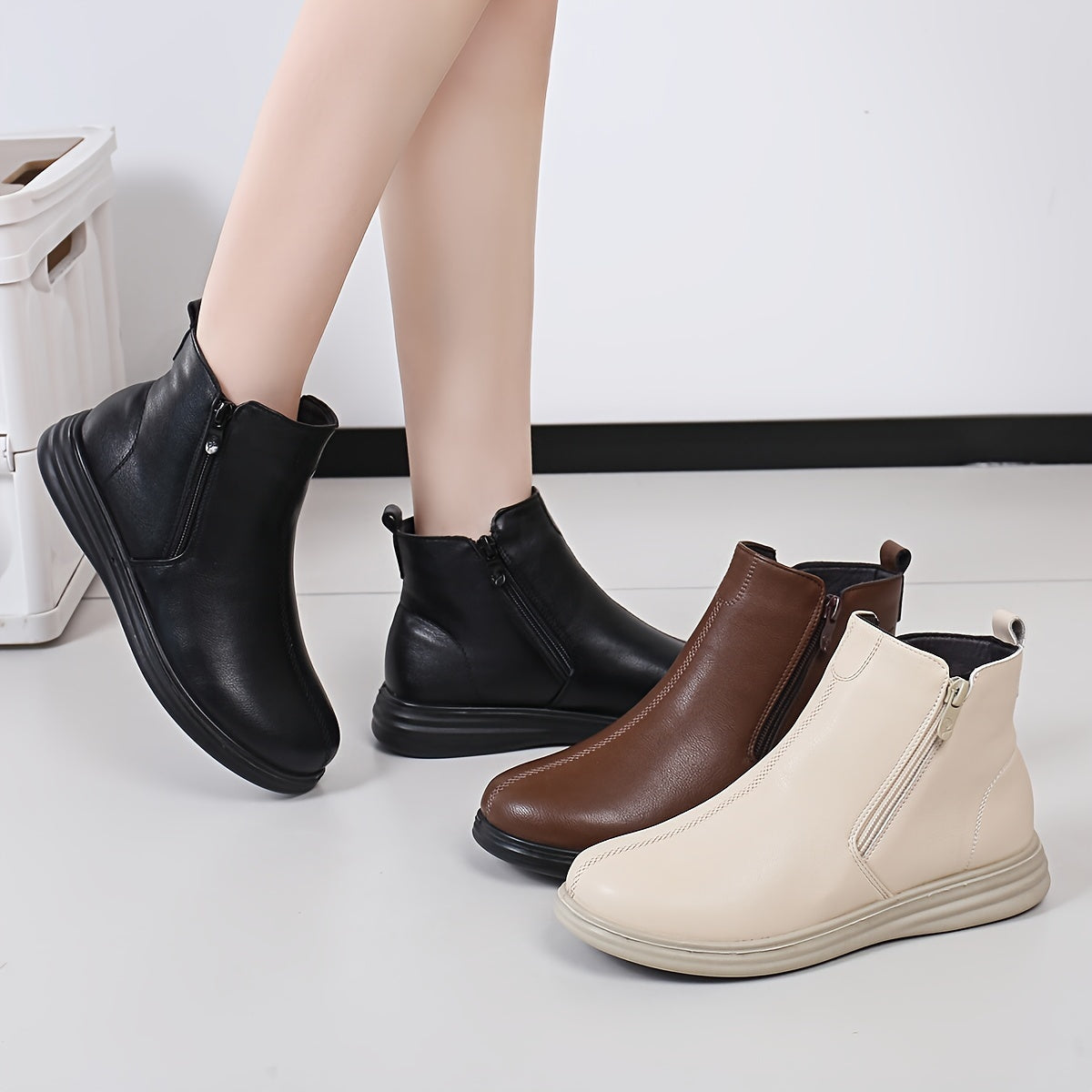 Women's Casual PU Ankle Boots with Zipper, Round Toe, Flat Heel