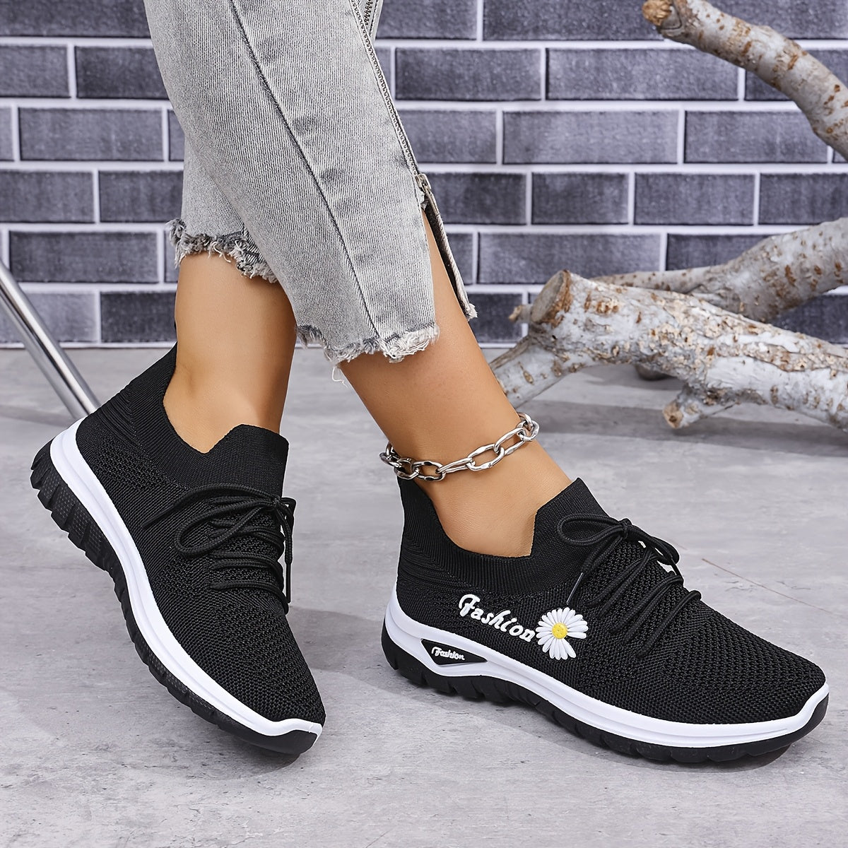 Women’s Breathable Knit Slip-On Sneakers Casual Low-Top Shoes with Floral Prints