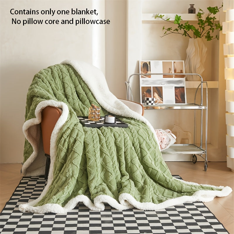 Luxurious Green Double-Layer Taffeta Fleece Blanket with Lamb Velvet and Cuff for All Seasons
