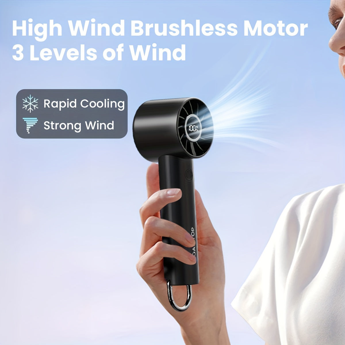 Rechargeable Mini Fan with LED Display and Flashlight Portable Handheld Fan for Travel Black