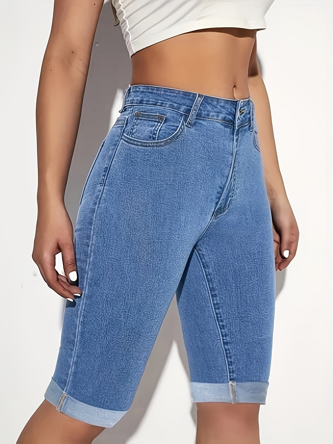 Women's Denim Bermuda Shorts Solid Color Stretchy High-Waisted Lightweight