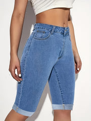 Ayollar uchun denim Bermuda shortlari, bir xil rang, cho‘ziluvchan, yuqori bel, yengil va qulay