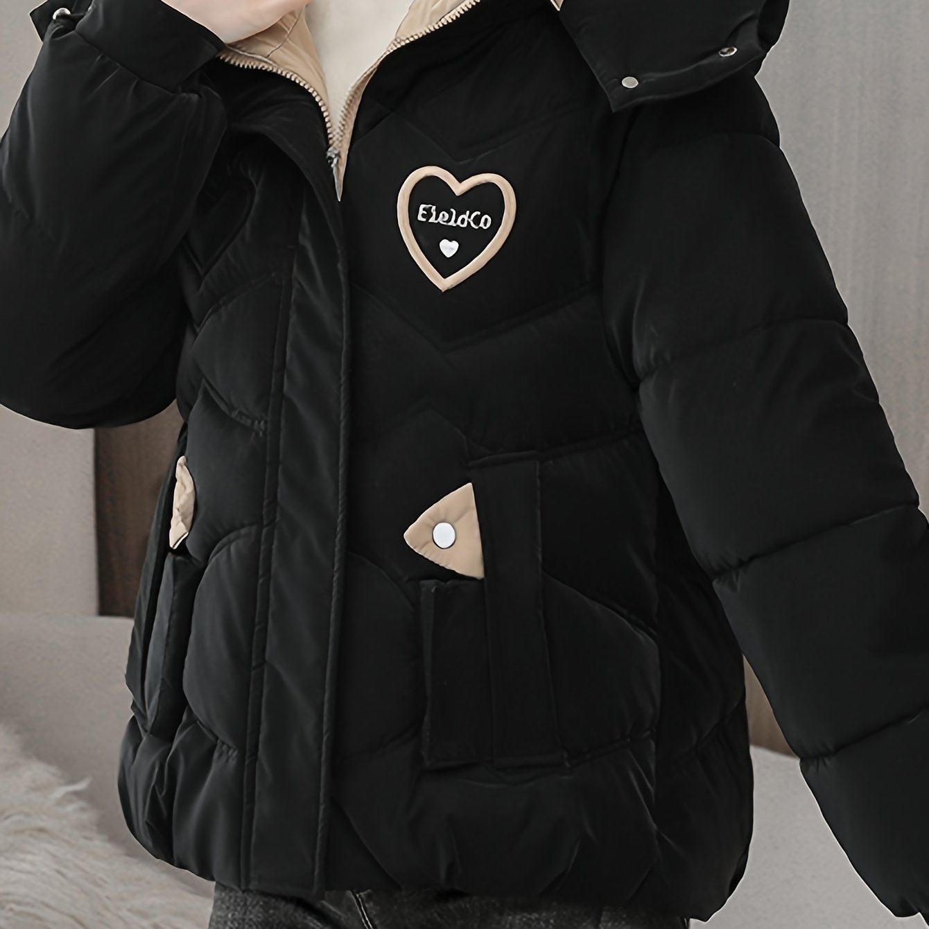 Women's Black Winter Jacket Polyester Hooded Zipper Casual Fall Winter Heart Logo