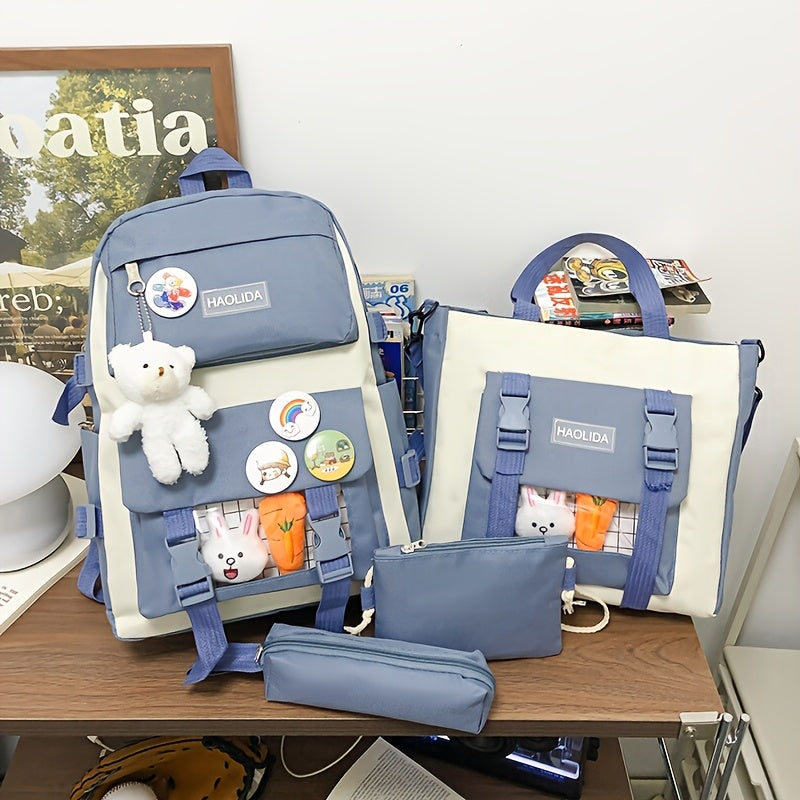 4-Piece Nylon Backpack Set for School Travel with Adjustable Straps and Zipper Closure