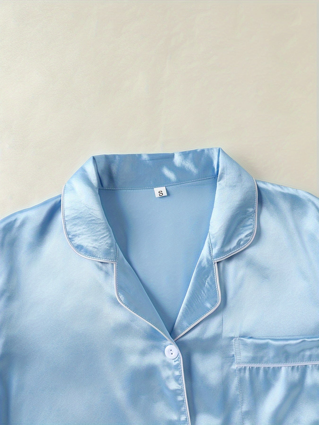 Women's Satin Lounge Set Short Sleeve Button-Up Top with Lapel Collar and Elastic Shorts