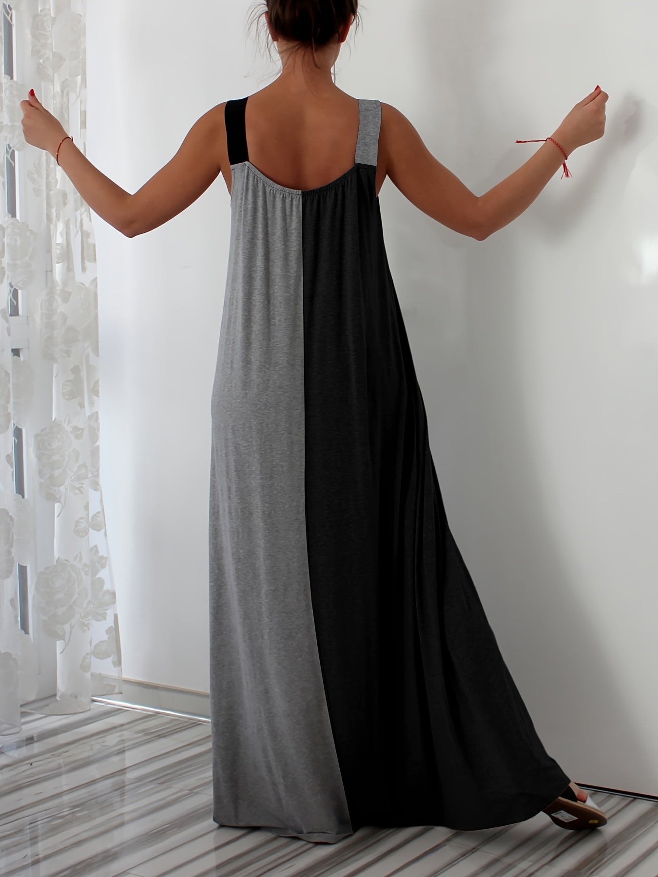 Платье-майка с цветными блоками и открытой спиной для полных, весна-лето, повседневное, без рукавов, длинное