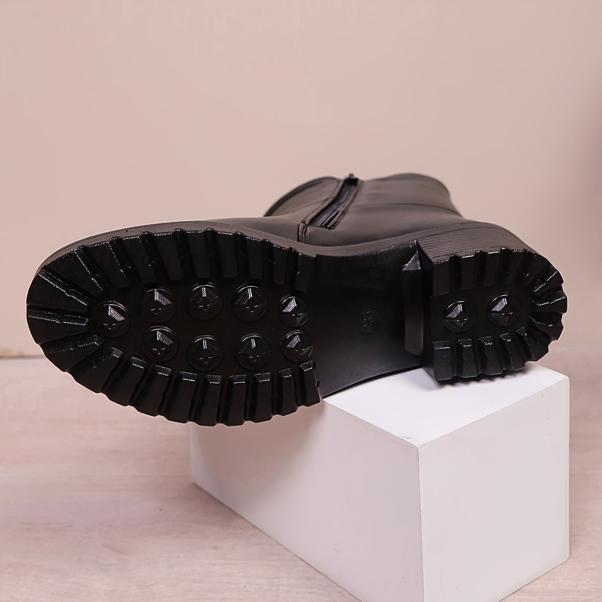 Women's Faux Leather Mid-Top Ankle Boots with Side Zipper and Chunky Heel