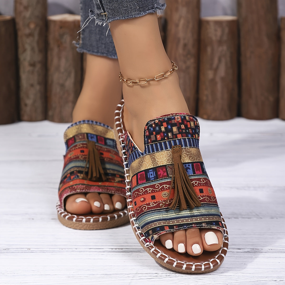 Ayollar uchun Bohemia tekis sandalki, etnik tassel, sirpanchiq bo'lmagan rezina, kundalik plyaj