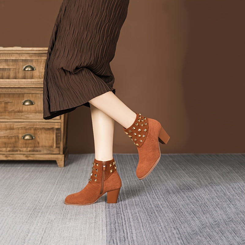 Women Ankle Boots Flannel Solid Color Chunky Block Heel Winter Shoes