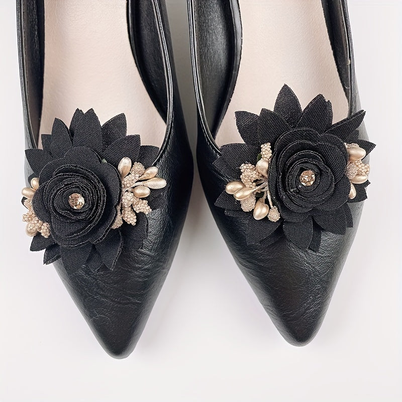Women's 3D Floral Shoe Clips Detachable Black Polyester Shoe Accessories Pair
