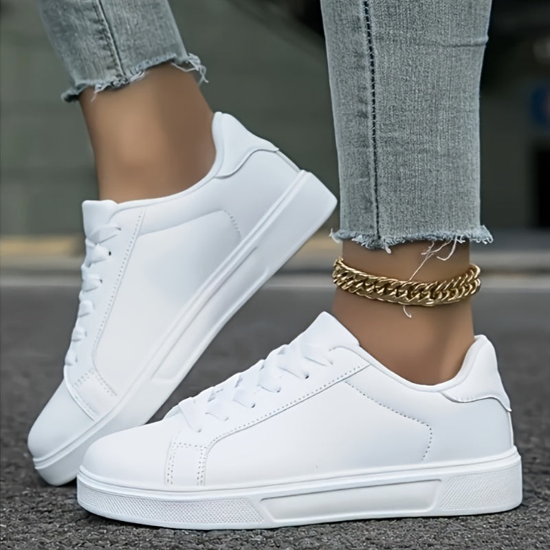 Women's Lightweight Casual Sneakers, Breathable Fabric, White Flats