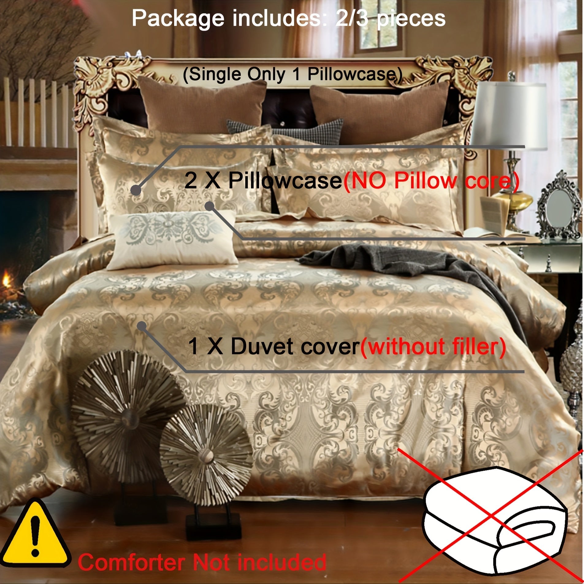 Luxurious Gold Jacquard Duvet Cover Set with Pillowcases for Bedroom or Guest Room