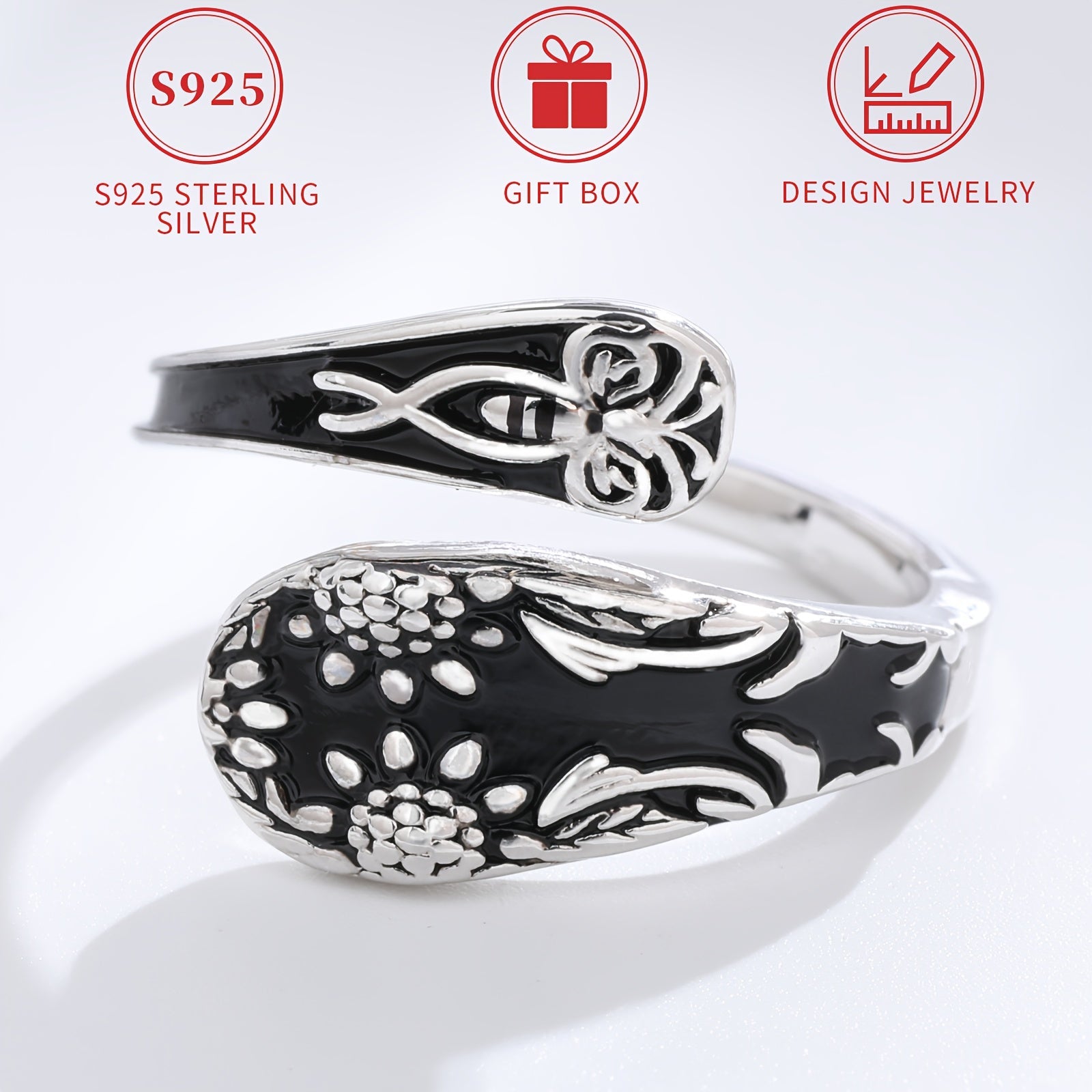 "Sterling Silver qoshiq halqa, quyosh gul va chamomile dizayni - Vintage Bohemian uslubi, kapalak va gullar o'yilgan, gippoallergen, sovg'a qutisi bilan birga - Onalar kuni va har kuni kiyish uchun ideal"