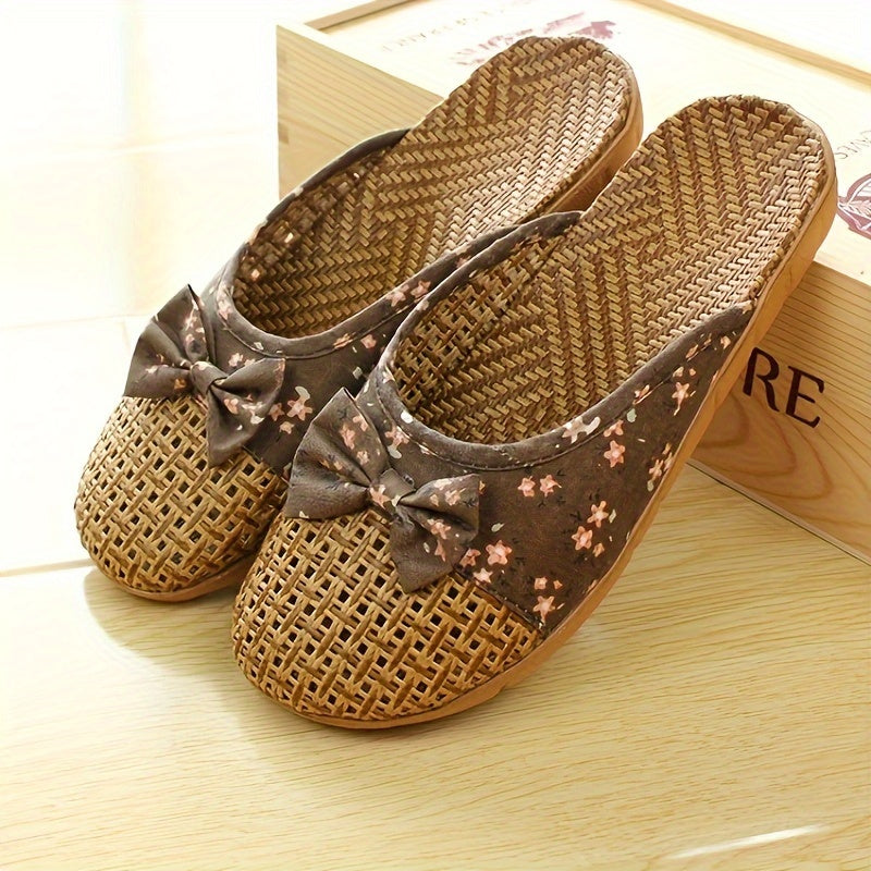 Women's Summer Straw Indoor Slippers Non-Slip Thick Sole Floor Linen