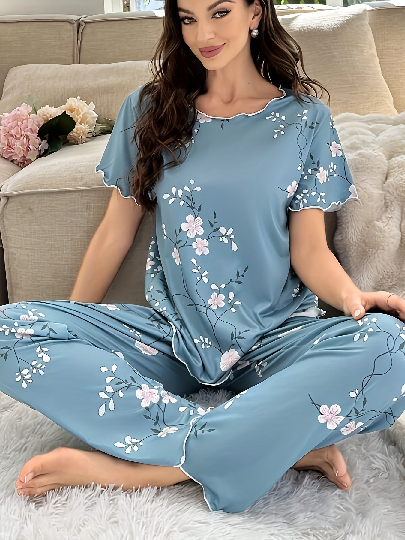 Women's Floral Sleepwear Set with Frill Trim Short Sleeve Top and Elastic Pants