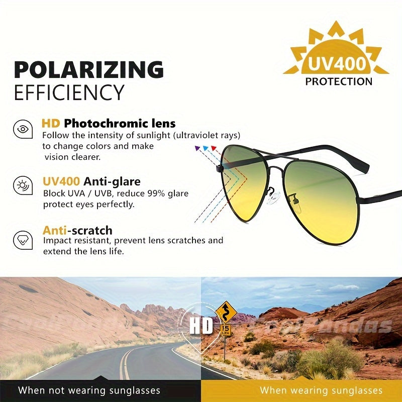 Pilot Sunglasses with Polarized Photochromic Lenses for Day and Night Driving