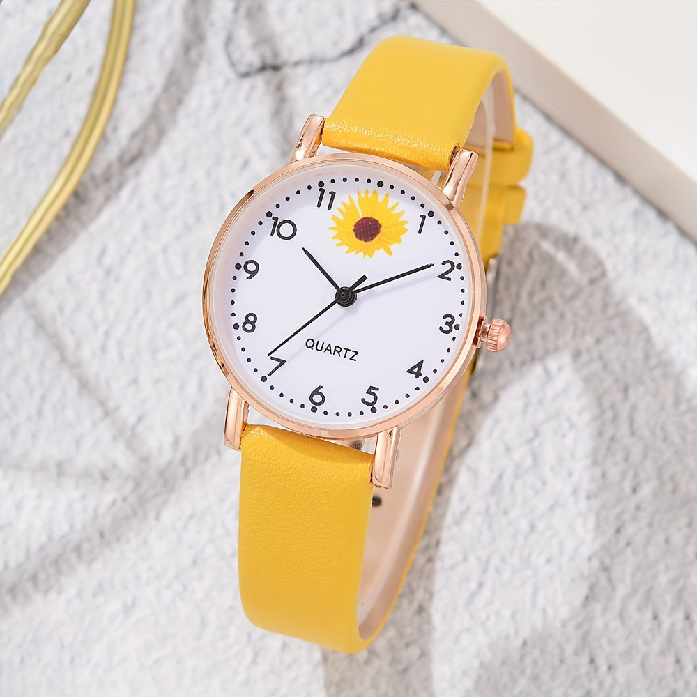 Women's Daisy Flower Quartz Watch with Analog Display and Leather Band 1 2 or 6 Pieces