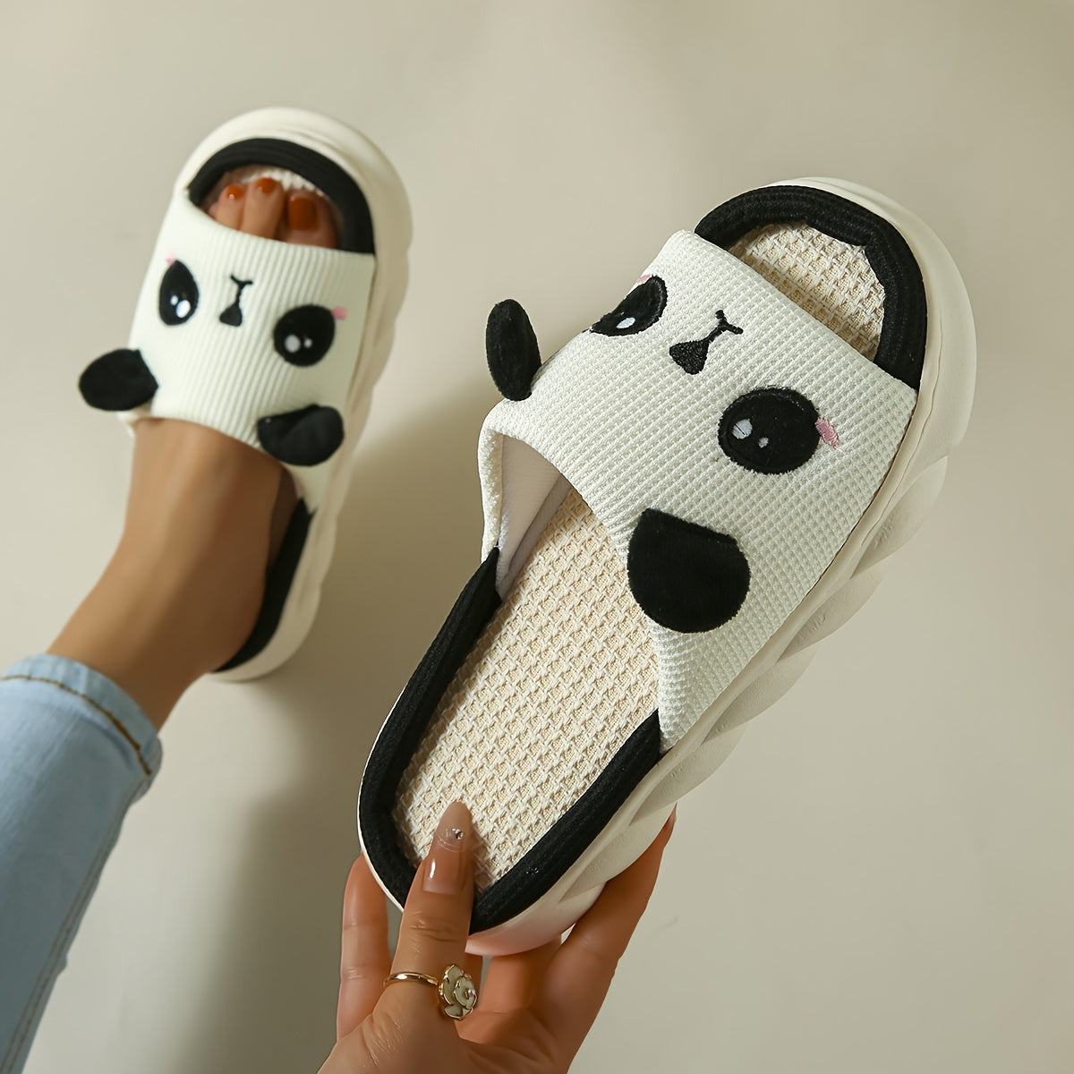 Women's Soft Linen Panda Slippers Non-Slip Cozy Home Shoes