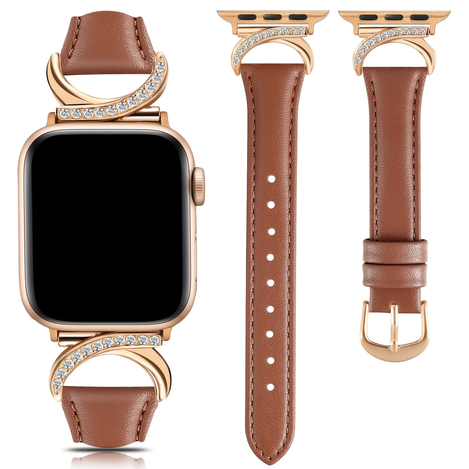 Women's Ultra-Thin Calfskin Watch Strap for Apple Watch Series 1-9 38mm-49mm Rhinestone Design