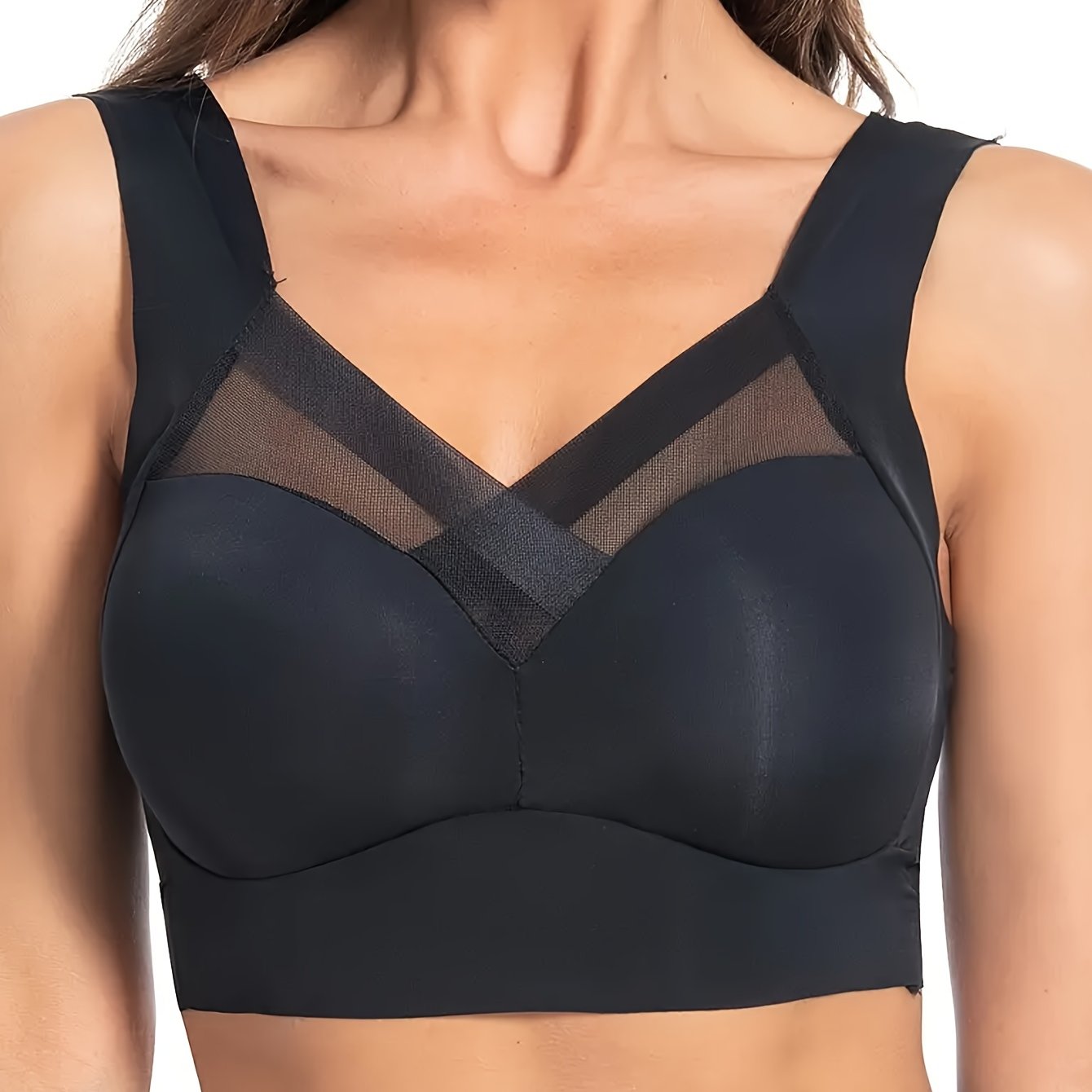 Sujetador sin costuras de malla sin aros para mujer con estilo push-up de contraste
