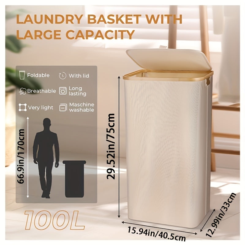 Foldable 100L Laundry Basket with Lid and Liner Grey Black for Bedroom Bathroom Dorm