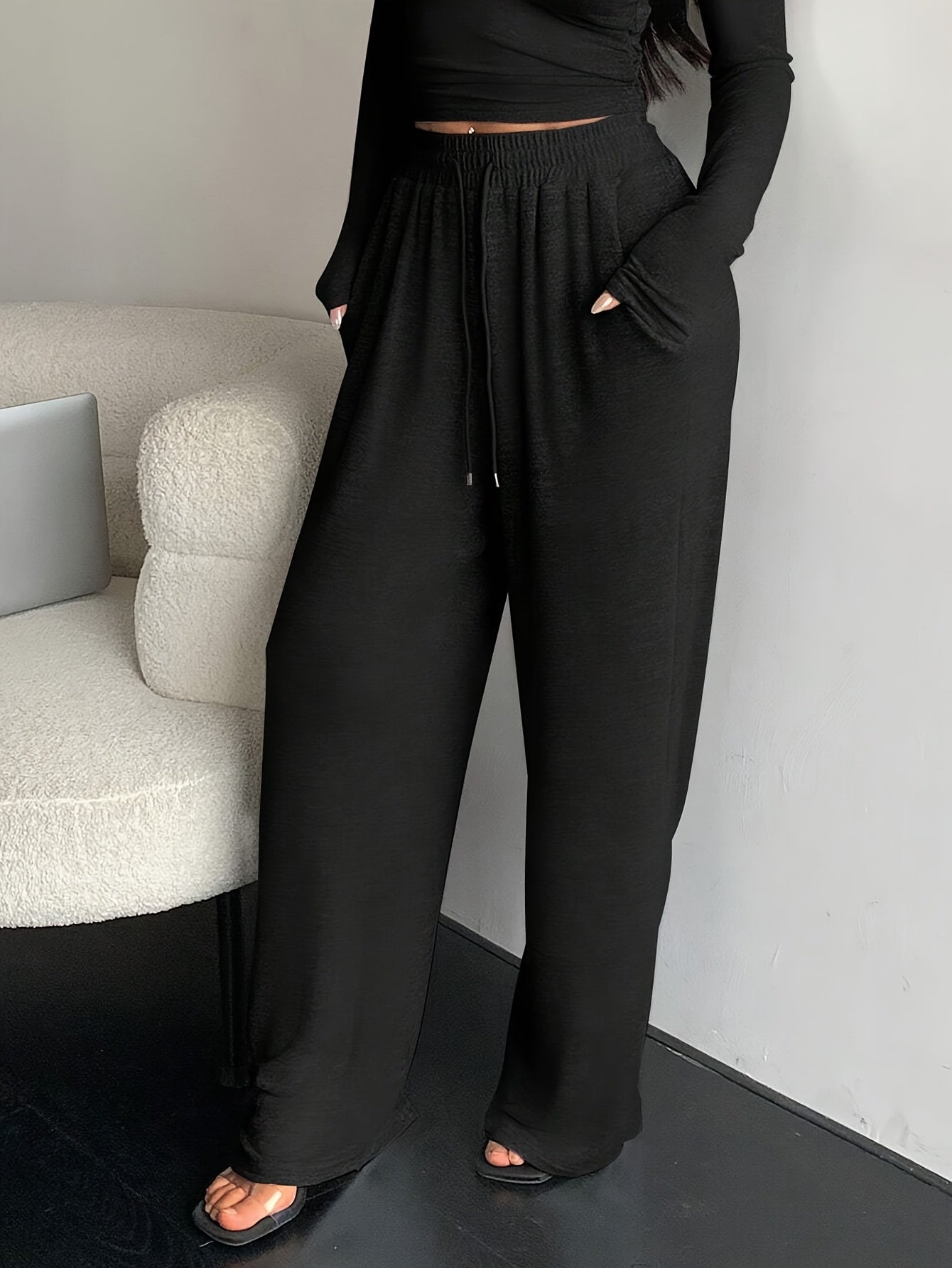 Women's High-Waist Drawstring Wide Leg Pants Solid Color Spring Fall Casual