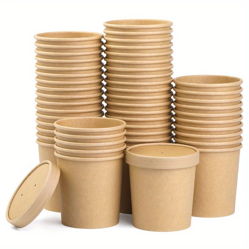 50 Pack Paper Bowls with Lids 16oz Disposable Soup Cups Food Containers Brown