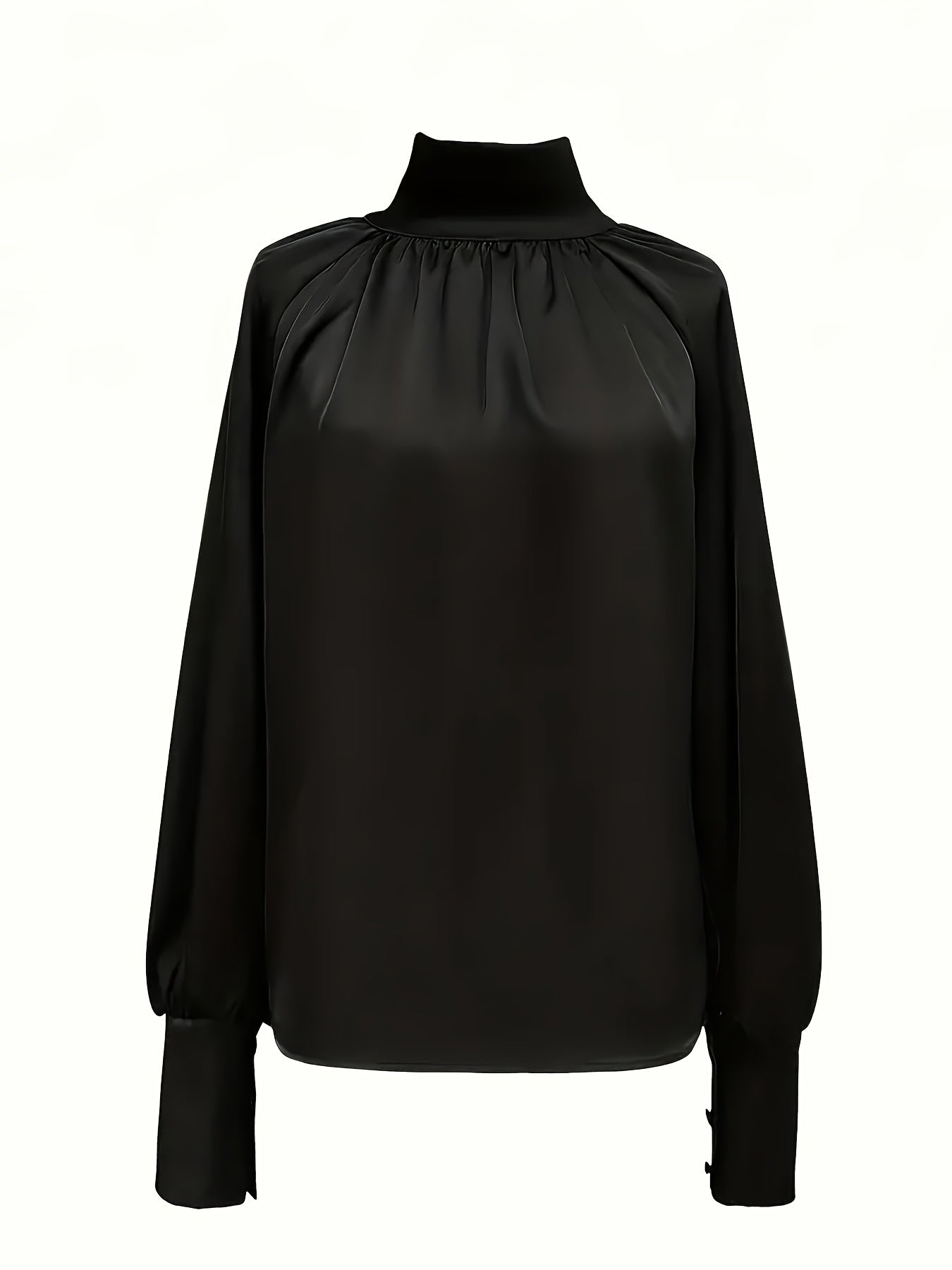 Black Satin Blouse for Women Lantern Sleeves High Neck Loose Fit Button Detail