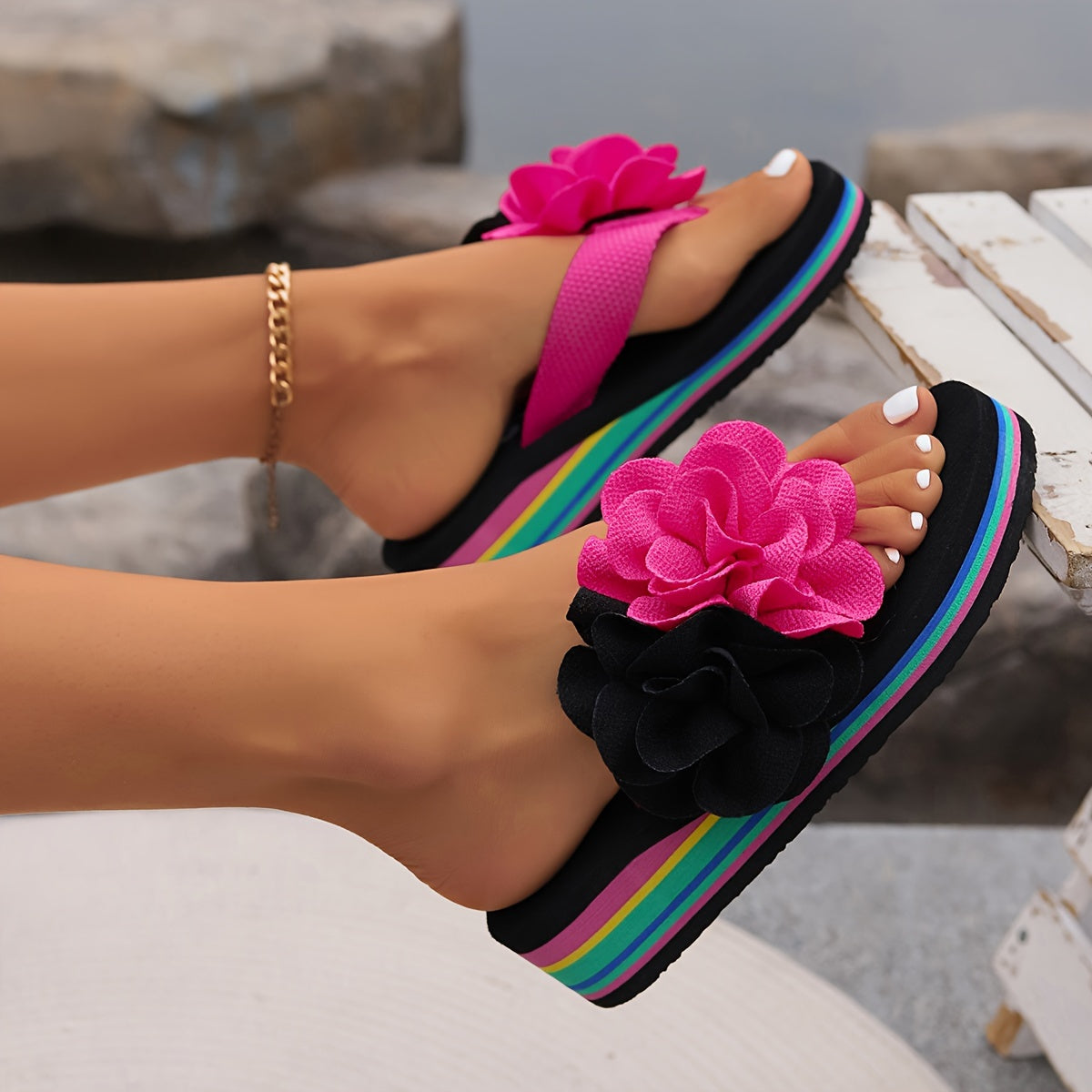 Women's Flip Flops Platform Slides Non-slip Wedge Floral | Vacation Beach